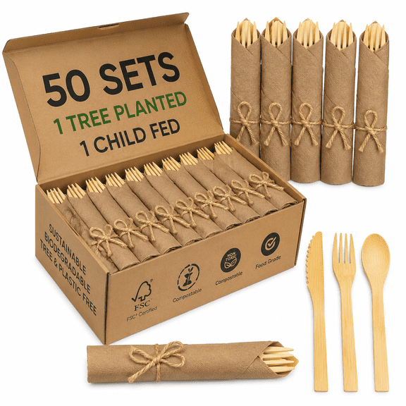 Premium Pre Rolled Brown Paper Napkin and Bamboo Cutlery Set (50 Pack, 200 PCS) 100% Biodegradable, Disposable Wrapped Disposable Silverware Cutlery - Pre-Wrapped Bamboo Forks, Knives, Spoons