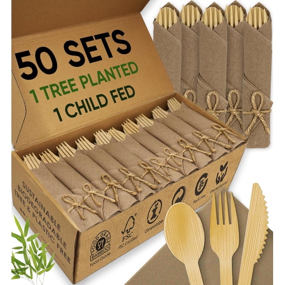 Premium Pre Rolled Brown Paper Napkin and Bamboo Cutlery Set (50 Pack, 200 PCS) 100% Biodegradable, Disposable Wrapped Disposable Silverware Cutlery - Pre-Wrapped Bamboo Forks, Knives, Spoons