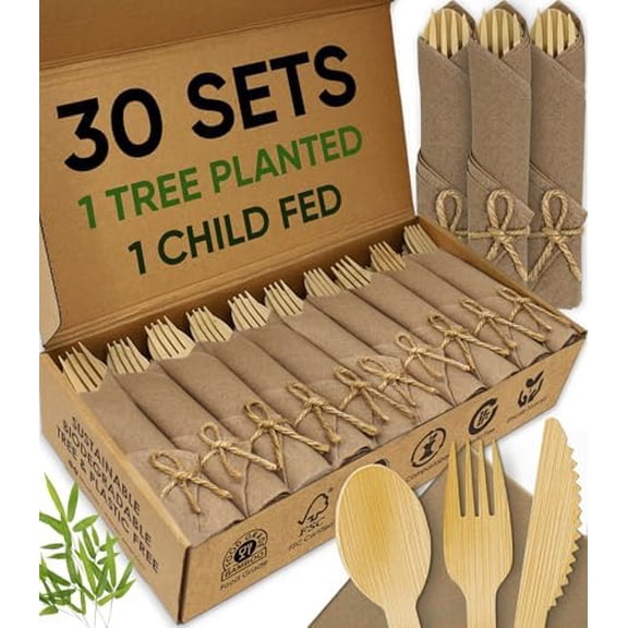 Premium Pre Rolled Napkin and Bamboo Cutlery Set with Brown Napkins (30 Pack, 120 PCS) 100% Biodegradable, Eco-Friendly, Disposable Wrapped Cutlery - Pre-Wrapped Bamboo Forks, Knives, Spoons