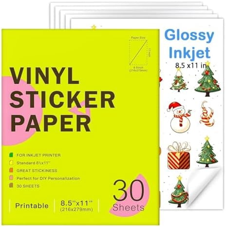 Premium Printable Glossy Vinyl Sticker Paper for Inkjet Printer-30 Sheets White Glossy 8.5" x 11"-Waterproof Labels Paper, Dries Quickly, Vivid Colors, Tear Resistant, Great for Cutting Machines