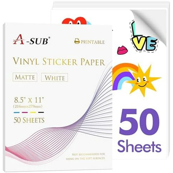 Premium Printable Vinyl Paper for Inkjet Printers, 50 Sheets Matte White Waterproof Paper 8.5x11 Inch for Making Your Own Stickers at Home$$Office