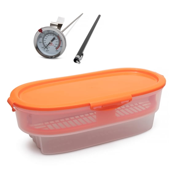 Premium Products Corp Easy Breader Batter Bowl All-in-1 Mess Breading Station Tray Snap-Shut Lid with Silicone Ring For Coating Fried or Baked Food With Deep Fry Cooking Thermometer