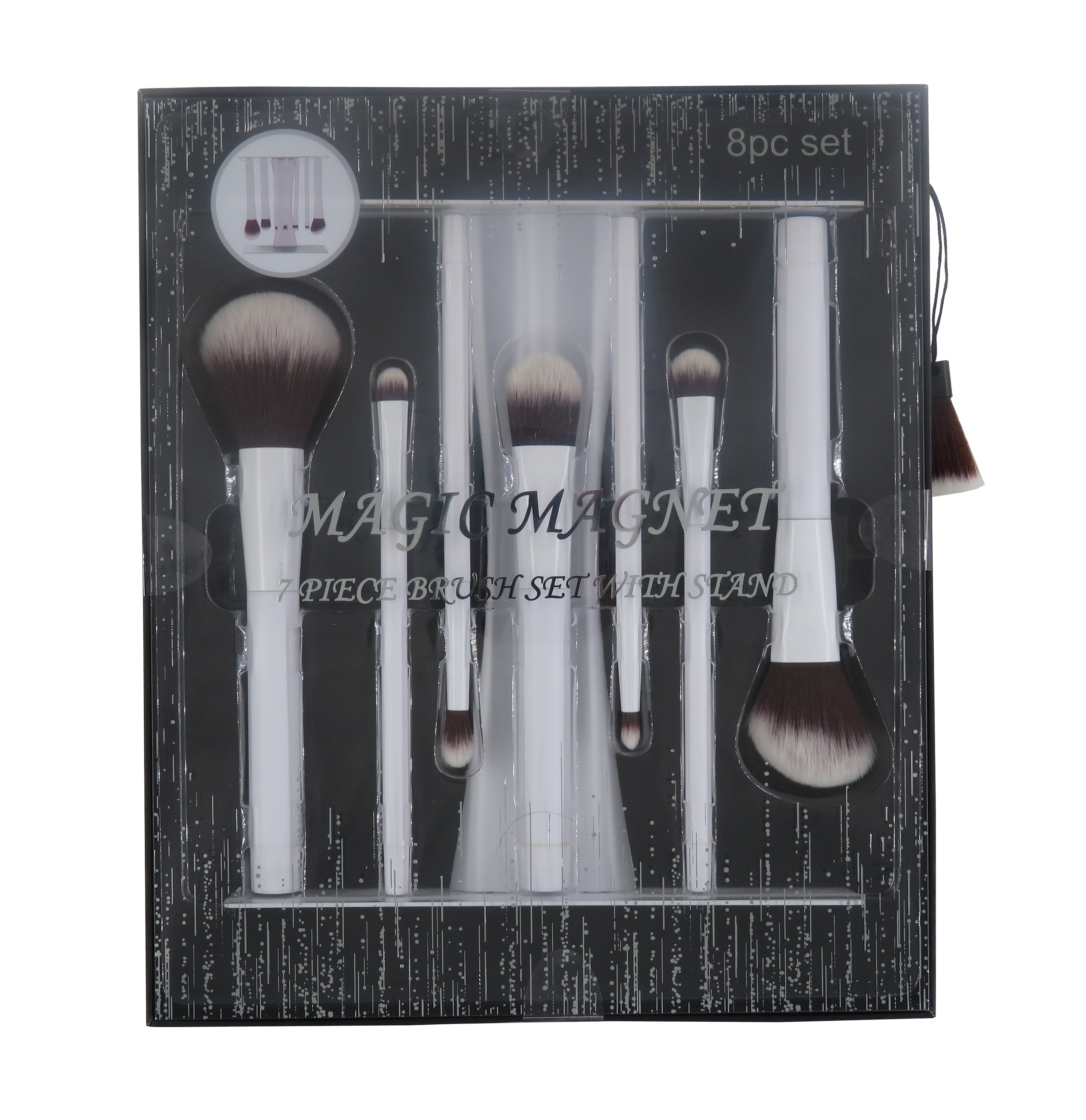 Premium Professional Cosmetic Magnet Brush Gift Set with Standing Holder,  Black, 8 Piece Set 