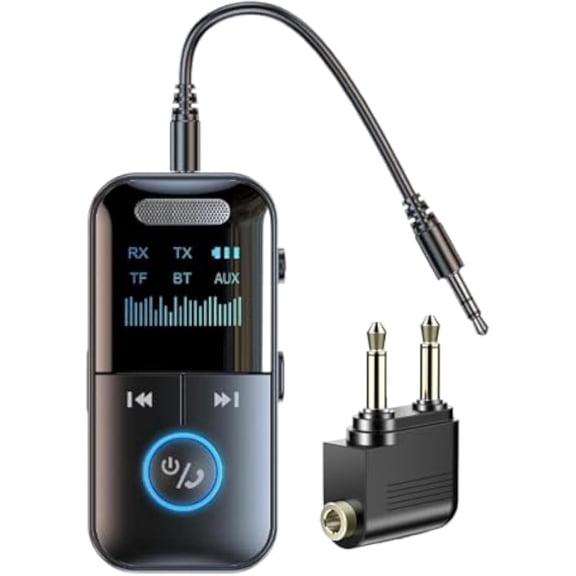 Premium Professional Edition Bluetooth 5.4 Transmitter/Receiver, Airplane Audio Adapter, Wireless Transmitter for TV/Travel/Flight, Airlines, Gyms. Features LED Display, Bluetooth Receiver Compatible