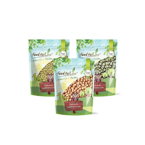 Premium Pulses Bundle, 3 Pack – Chickpeas (5 LB), Whole Green Peas (5 LB), Green Lentils (5 LB). Dried Garbanzo Beans and Legumes in Bulk, Raw, Vegan, Kosher, Sproutable, Rich in Fiber and Protein