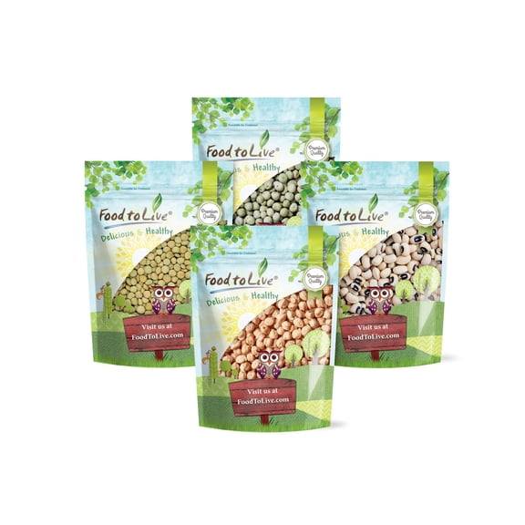 Premium Pulses Bundle, 4 Pack – Chickpeas (5 LB), Whole Green Peas (5 LB), Green Lentils (5 LB), Black-eyed Peas (5 LB), Dried Garbanzo Beans and Legumes, Bulk, Kosher, Rich in Fiber and Protein