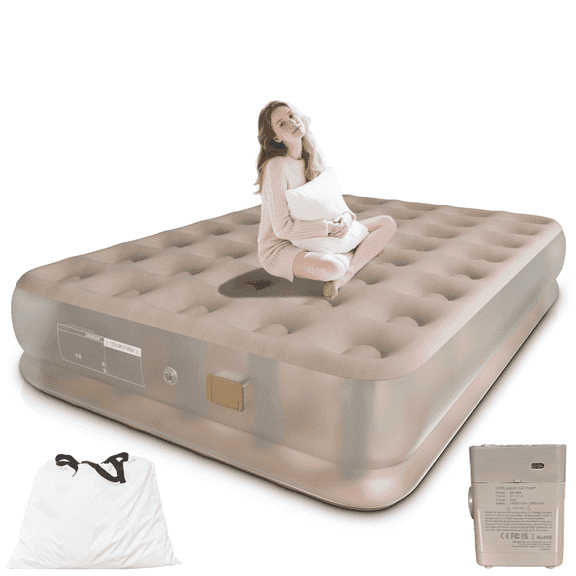 Top Flocking Full Air Mattress, 13"Inflatable Bed with USB-C Built-In Pump,Matte Semi-transparent, Unique Design,for Home, Travel & Camping(Khaik)