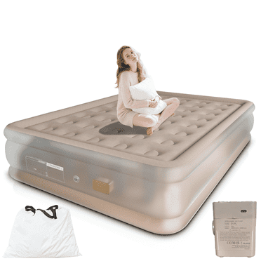 Top Flocking Full Air Mattress, 16"Inflatable Bed with USB-C Built-In Pump,Matte Semi-transparent, Unique Design,for Home, Travel & Camping(Khaik)