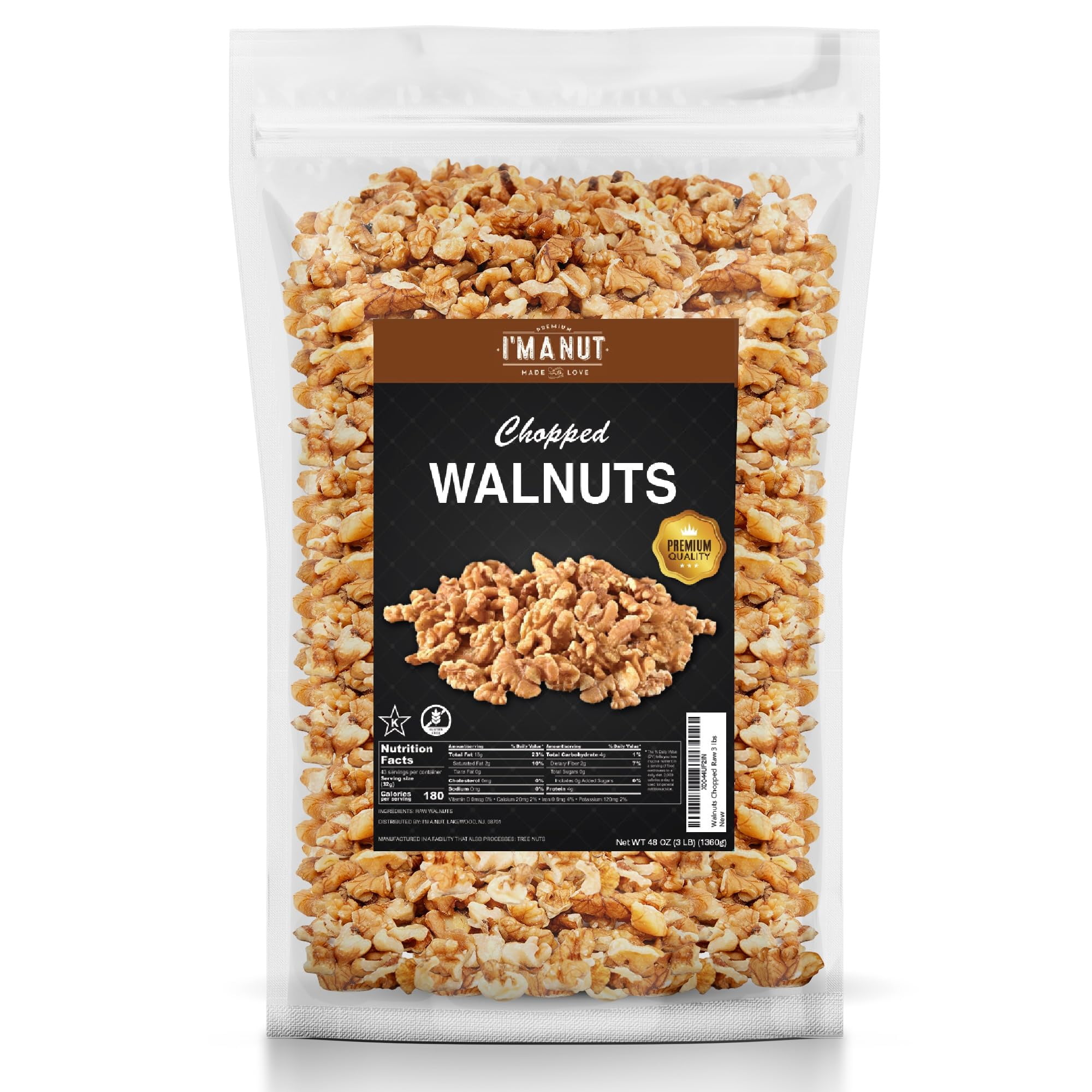 Premium Raw Chopped Walnut Pieces 48 oz (3 lb) - 100% Natural, No-PPO, Non-GMO, Batch-Tested Gluten & Peanut Free, Kosher, Small Batch Quality