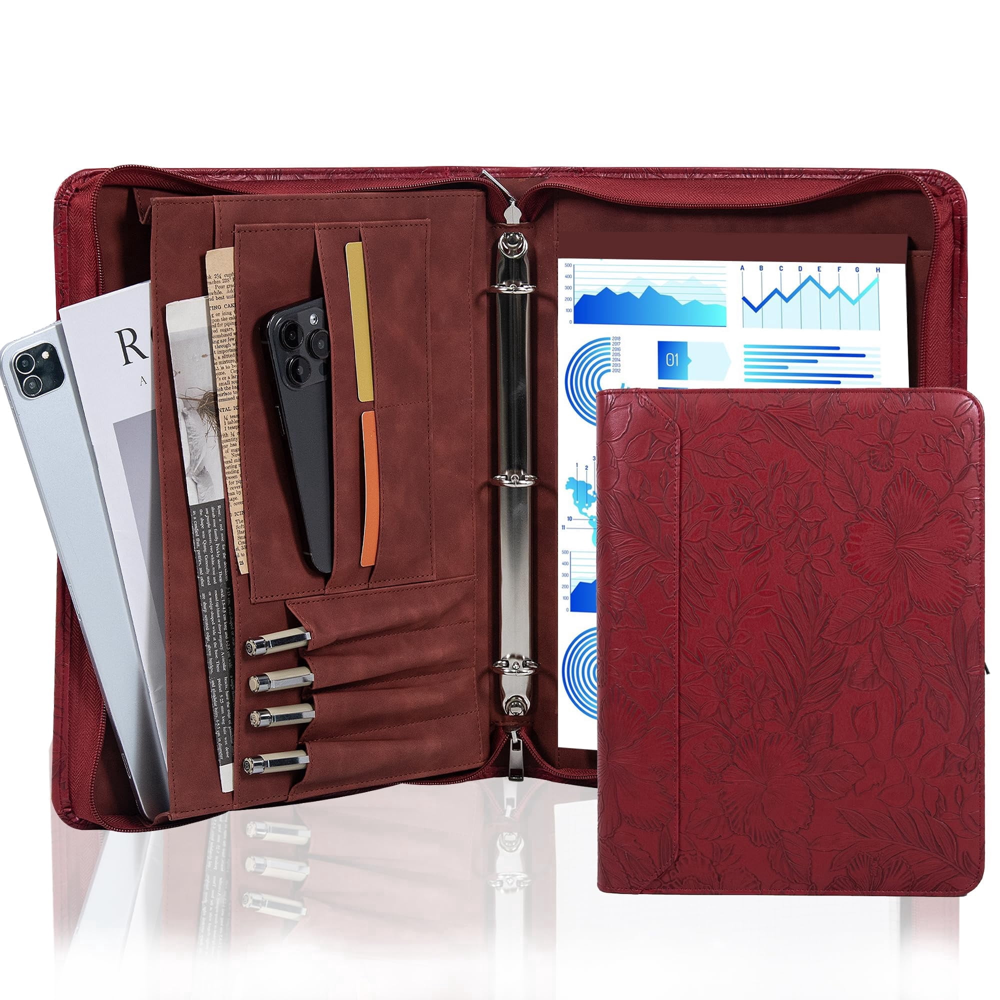 Premium Red Floral Leather Business Binder – A4 Organizer with Pen Slots, Phone Holder & Multiple File Pockets – Ideal for Office, Meetings & Business Professionals