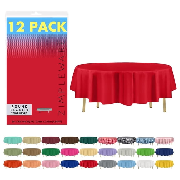 Premium Red Plastic Table Cloth Disposable (12 Pack) Round Tablecloth (84in) Party Table Cloths Disposable, Perfect Table Cloth Round Cover for Any Table Up to 6 Feet