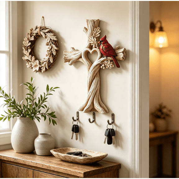 Premium Resin Heart Tree Cross with Red Bird 7.87in, Intricate Sculpture for Home Decor & Keepsake (Sold Individually)
