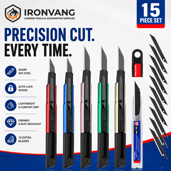 Premium Retractable Utility Knife Set, Heavy Duty Aluminum Box Cutter with 10 Extra 9mm Snap-Off Blades, 5 Pack Razor Craft Knives for Cardboard, Packaging, DIY Cutting