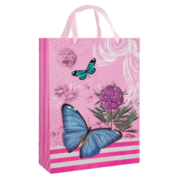 Premium Reusable Elegant Stenciled Butterfly Paper Gift Bag with Satin Ribbon Handles