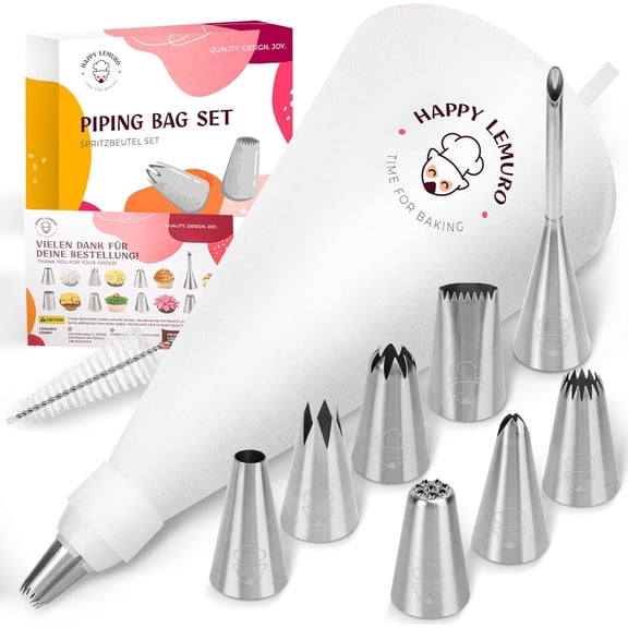 Premium Reusable Piping Bags and Tips Set - Cotton Pastry Bag 16" with 8 Large Icing Tips for Cake Decorating - Large Piping Tips Set - Dishwasher Safe