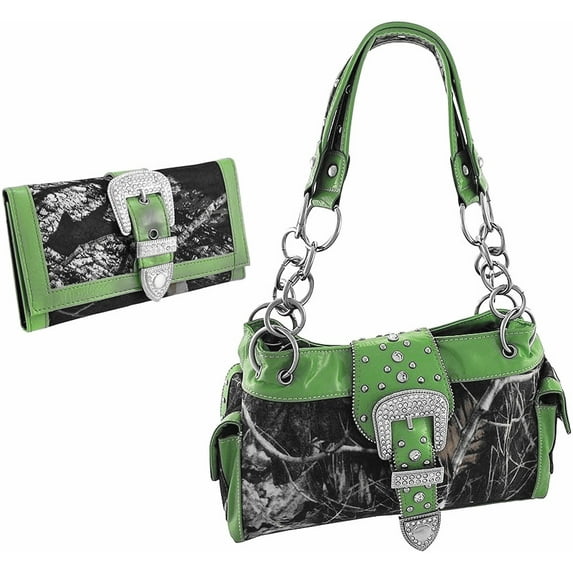 Premium Rhinestone Buckle Camou Women's Handbag with Matching Wallet in 6 Colors