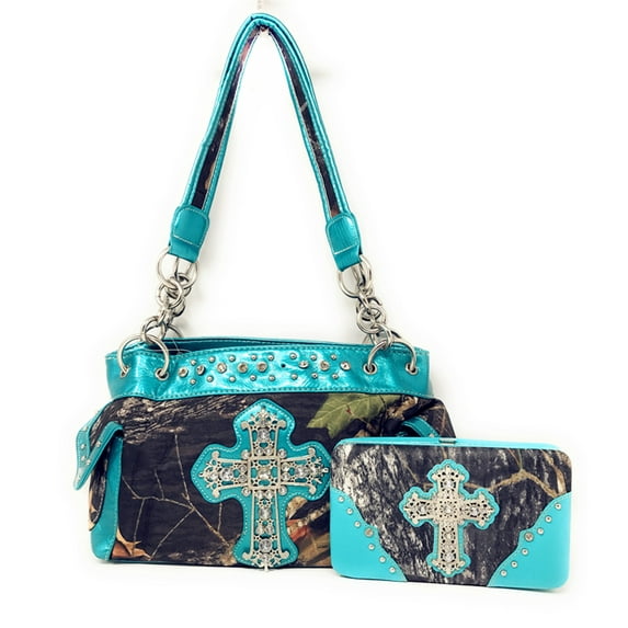 Premium Rhinestone Camouflage Cross Leather Women's Handbag Purse Matching Wallet One Set in Multi Colors