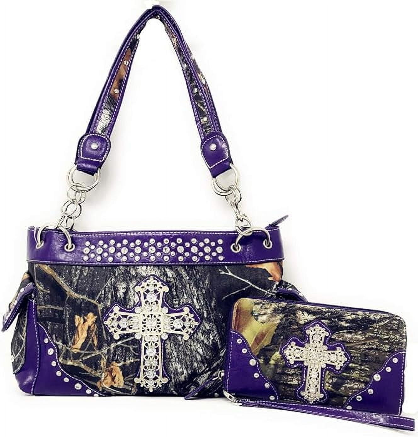 Premium Rhinestone Camouflage Cross Leather Women s Handbag Purse Matching Wallet One Set in Multi Colors