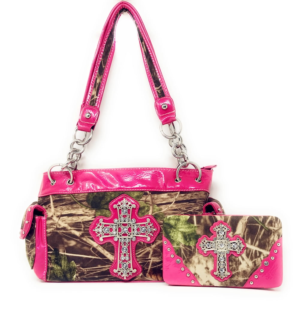 Premium Rhinestone Camouflage Cross Leather Women's Handbag Purse