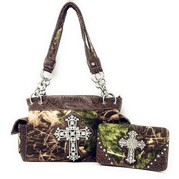 Premium Rhinestone Camouflage Cross Leather Women's Handbag Purse Matching Wallet One Set in Multi Colors