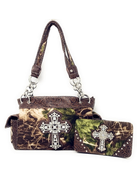 Premium Rhinestone Camouflage Cross Leather Women's Handbag Purse Matching Wallet One Set in Multi Colors