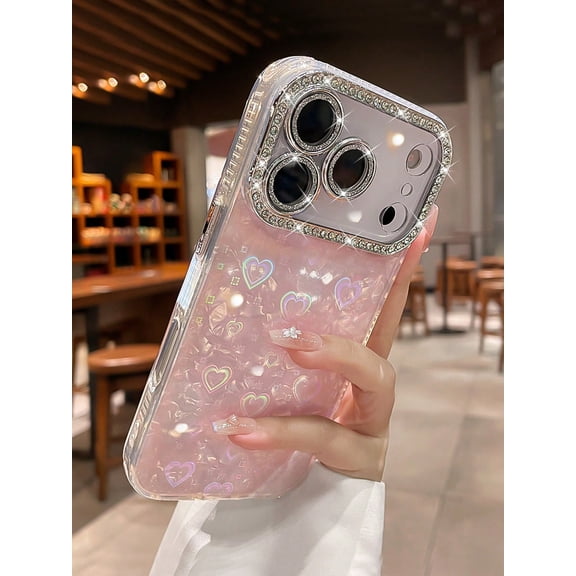 Premium Rhinestone Pink Heart Phone Case For iPhone 17 Pro Max 17 16 15 14 Series Acrylic Hard Shell Minimalist Design Perfect Valentine's Day Gift