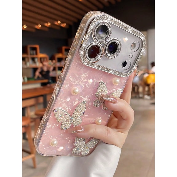 Premium Rhinestone Pink Pearl Heart Butterfly Phone Case For iPhone 17 Pro Max 17 16 15 14 Series Acrylic Hard Shell Perfect Valentine's Day Gift