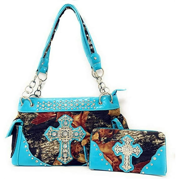 Premium Rhinestone Western Camouflage Cross Womens Shoulder Handbag Purse/Matching Wallet in 7 Colors