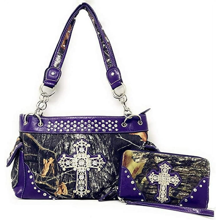 Premium Rhinestone Western Camouflage Cross Womens Shoulder Handbag Purse Matching Wallet in 7 Colors Walmart