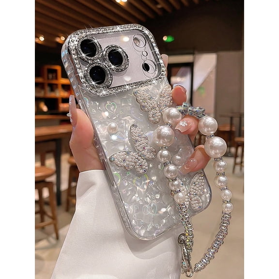 Premium Rhinestone White Pearl Heart Butterfly Phone Case Wrist Strap For iPhone 17 Pro Max 17 16 15 14 Series Acrylic Hard Shell Perfect Valentine's Day Gift