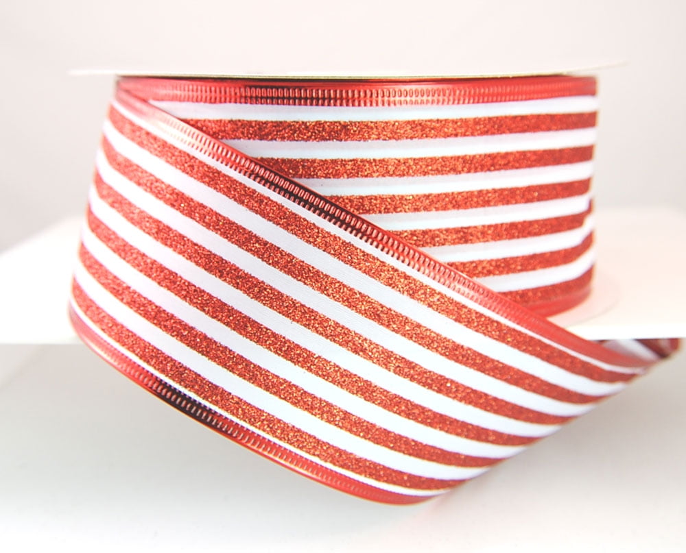 Premium Ribbon Wire Edged Glinton Red and White Striped Candy Cane Glitter Christmas Ribbon 2 1/2" - 50 Yards