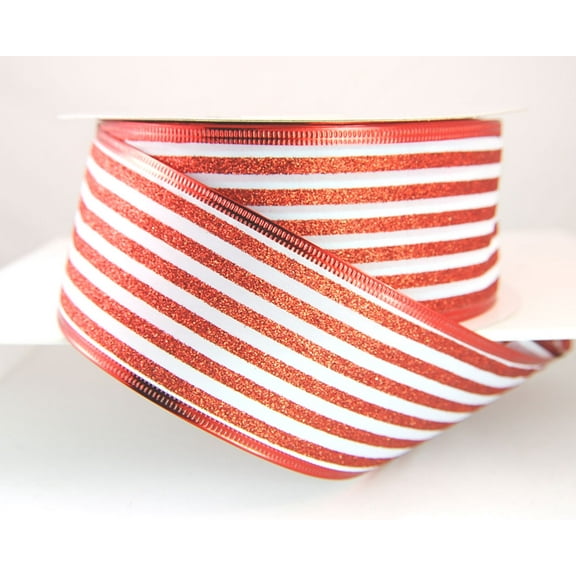 Premium Ribbon Wire Edged Glinton Red and White Striped Candy Cane Glitter Christmas Ribbon 2 1/2" - 50 Yards