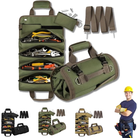 Premium Roll Up Tool Bag, Heavy Duty Portable Tool Roll Organizer with Detachable Pouches for Handyman Mechanic