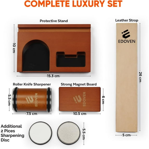 Premium Rolling Knife Sharpener Kit - Magnetic Manual with & Ceramic Discs, Two Discs, Leather Strop & Stand, 15 ° & 20 ° Angle Guides