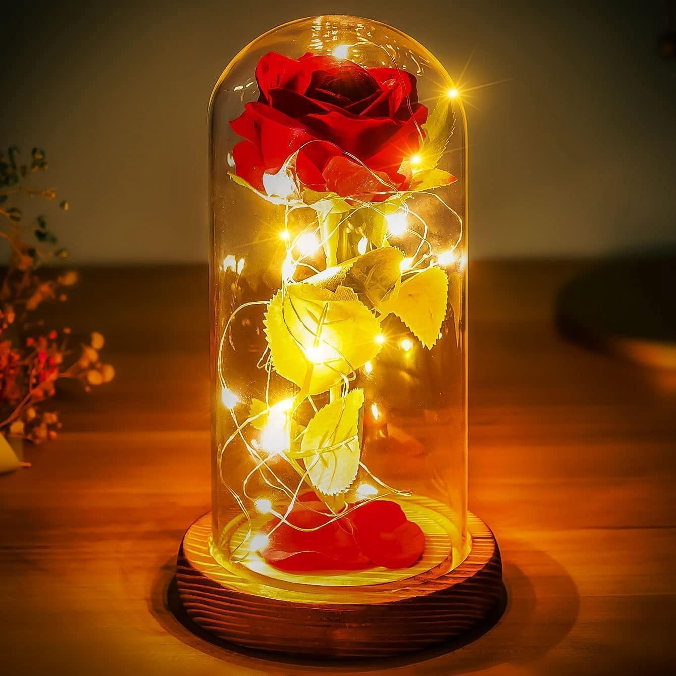Premium Rose in Glass Dome- Beauty and The Beast Rose Decor in a Glass