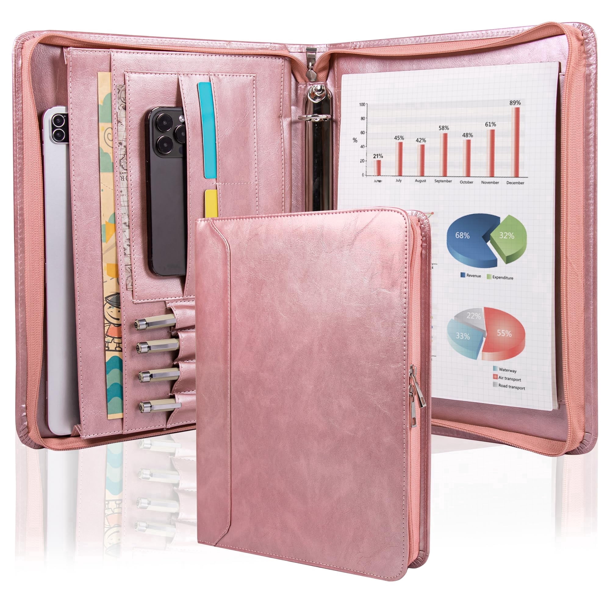 Premium Rose Gold Leather Business Binder – A4 Organizer with Pen Slots, Phone Holder & Multiple File Pockets – Stylish & Practical for Office, Meetings & Professionals