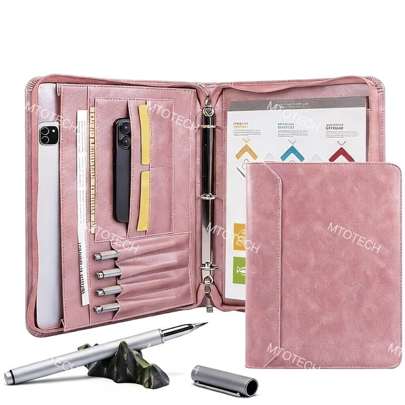Premium Rose Gold Leather Business Binder A4 Organizer with Pen Slots, Phone Holder & Multiple File Pockets Stylish & Practical for Office, Meetings & Professionals