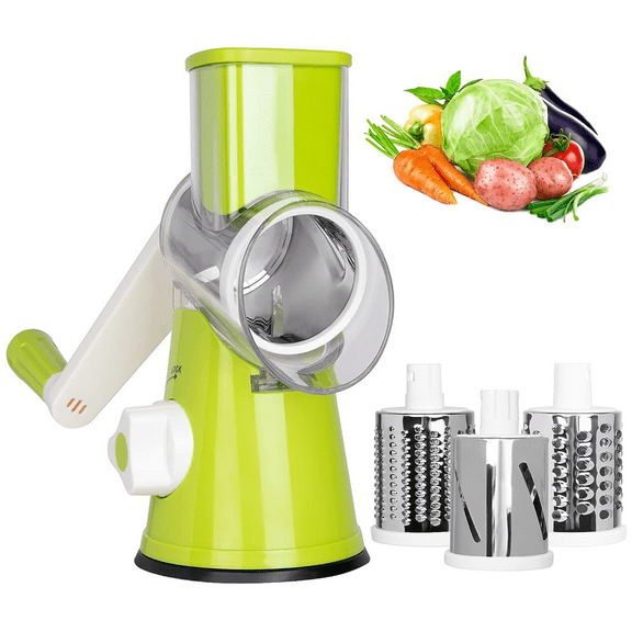 Rotary Cheese Grater, Manual Cheese Grater with Handle, Vegetables Slicer Cheese Shredder with Rubber Suction Base, 3 Stainless Drum Blades Included，Green