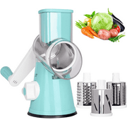 Premium Rotary Cheese Grater, Manual Cheese Grater with Handle, Handheld Vegetables Slicer Cheese Shredder with Rubber Suction Base, 3 Stainless Drum Blades Included, Easy to Use and Clean, Blue