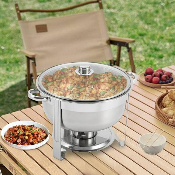Premium Round Chafing Dish Buffet Set, 8.5L, Stainless Steel, Dual Hot & Cold Use, Elegant Design with Anti-Scald Handles & Visual Glass Lid for Catering & Parties