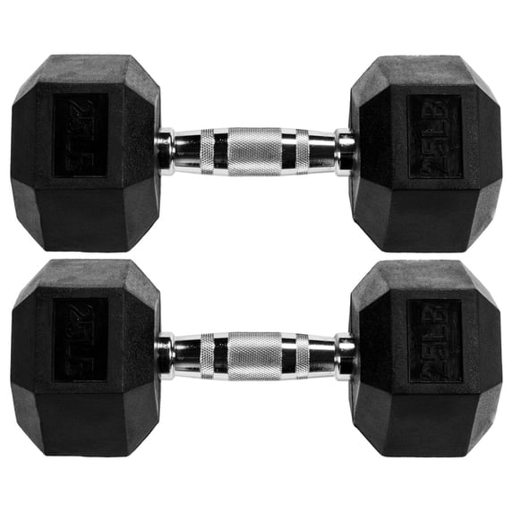 25lb Coated Rubber Hex Dumbbell – Pair (2 Packs), Black, Made In USA, New
