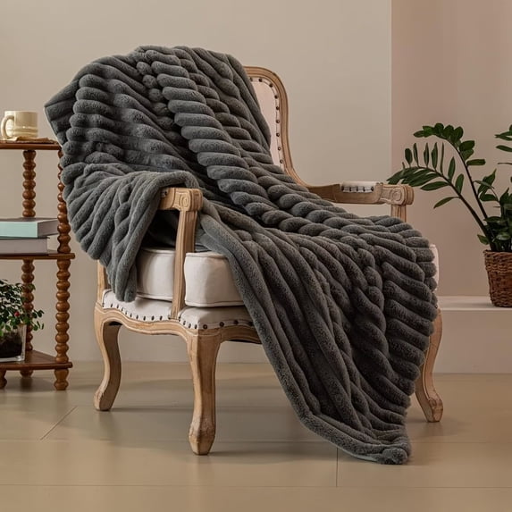 Premium Ruched Faux Fur Throw Blanket - Luxurious, Soft Reversible Mink Blanket - 50" x 65” - Mocha C48