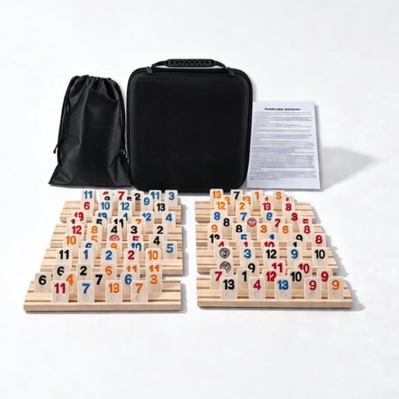 Premium Rummy Cube 8 Player Edition, 8 Non-Slip Wooden Tile Holders, 214 Large Numbers Rummy Tiles 2-8 Players Set with Zippered Case, Complete Travel Rummy Game Kit for Family Game Nights
