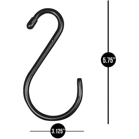 Premium S Hooks with Rubber Grip - Set of 6 Heavy Duty Steel Metal Multipurpose Hooks - Rust Resistant Finish - Hanging Kitchen, Closet, and Storage Items - 3.125 x 5.75 Inch - Deep Black