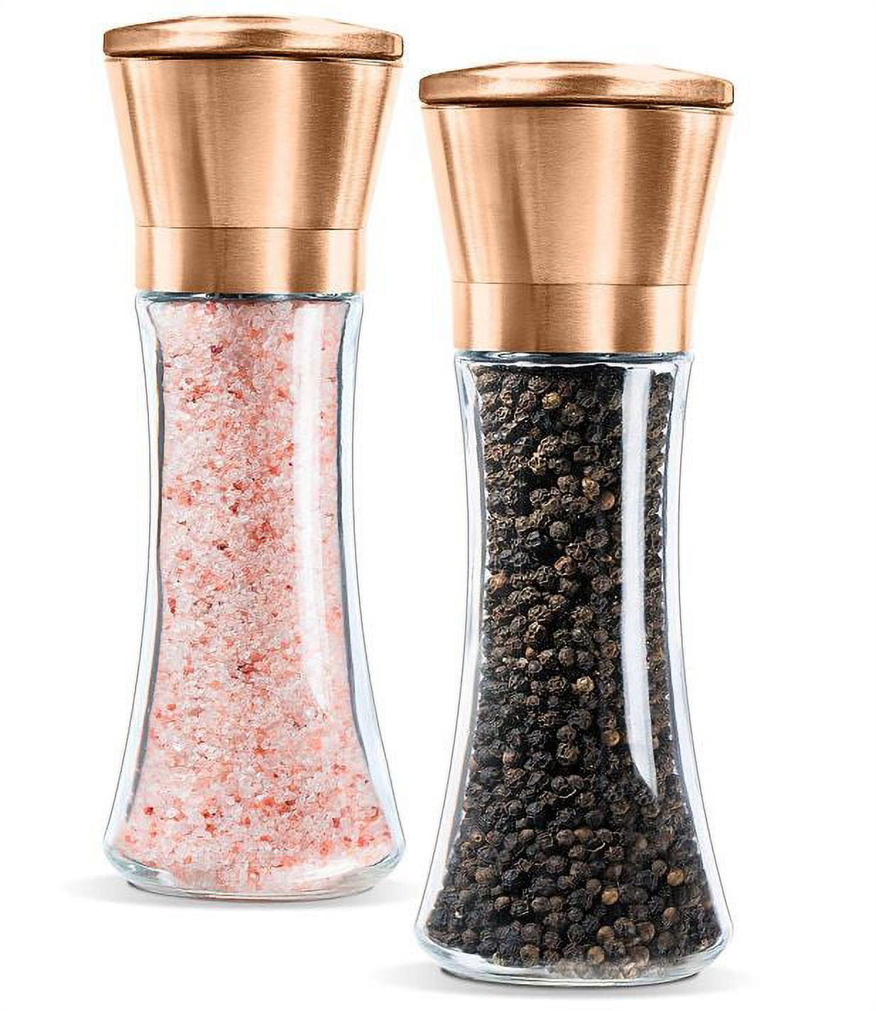 Premium Salt and Pepper Grinder Set of 2- Brushed Pepper Mill and Salt  Mill, 6 Oz Glass Tall Body, 5 Grade Adjustable Ceramic Rotor- Salt and  Pepper Shakers By Levav (Copper) 