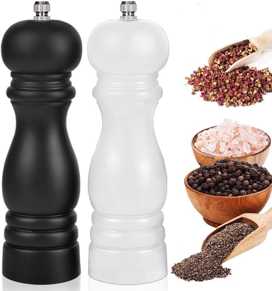 Premium Salt and Pepper Grinder Set of 2, Wood Salt and Pepper Shakers with Ceramic Core, Refillable Manual Sea Salt Pepper Mill Adjustable Coarseness for Spice/Chili/Sesame, 8 Inch (Black+White)