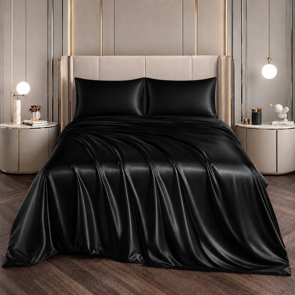 Premium Satin Bedroom Sheet Set (4-Piece) Color:Black Size:Full