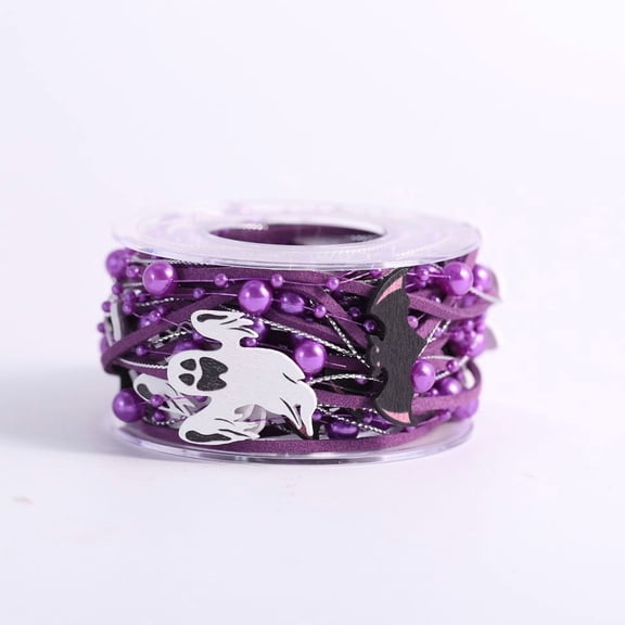 Premium Satin Halloween Ribbon Roll - Purple Ghost Printed Grosgrain Ribbon, Perfect for Spooky Gift Wrapping & Bow Making for DIY Wreaths & Table Scaping