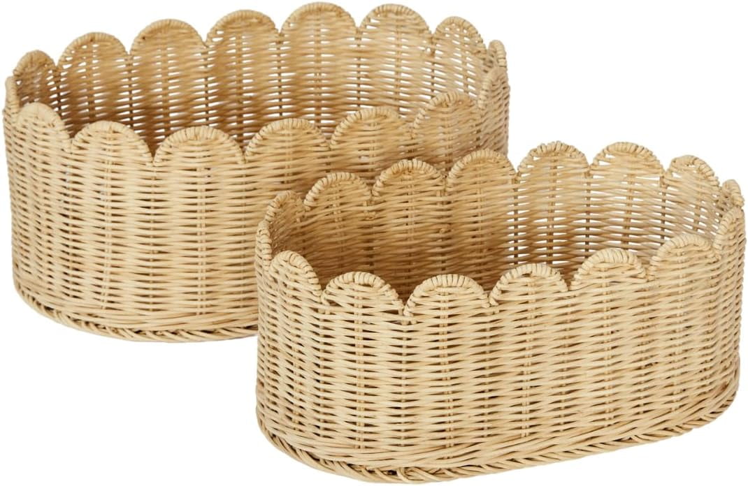 Natural Handwoven Rattan Scalloped Oval Storage Basket Set