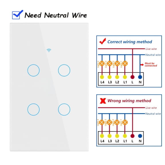 Premium Scratch-Resistant Glass Smart Wall Switch, WiFi & Bluetooth Touch Light Switch 1-4 Gang, Voice Control, 600W Per Gang (Neutral Wire Required)